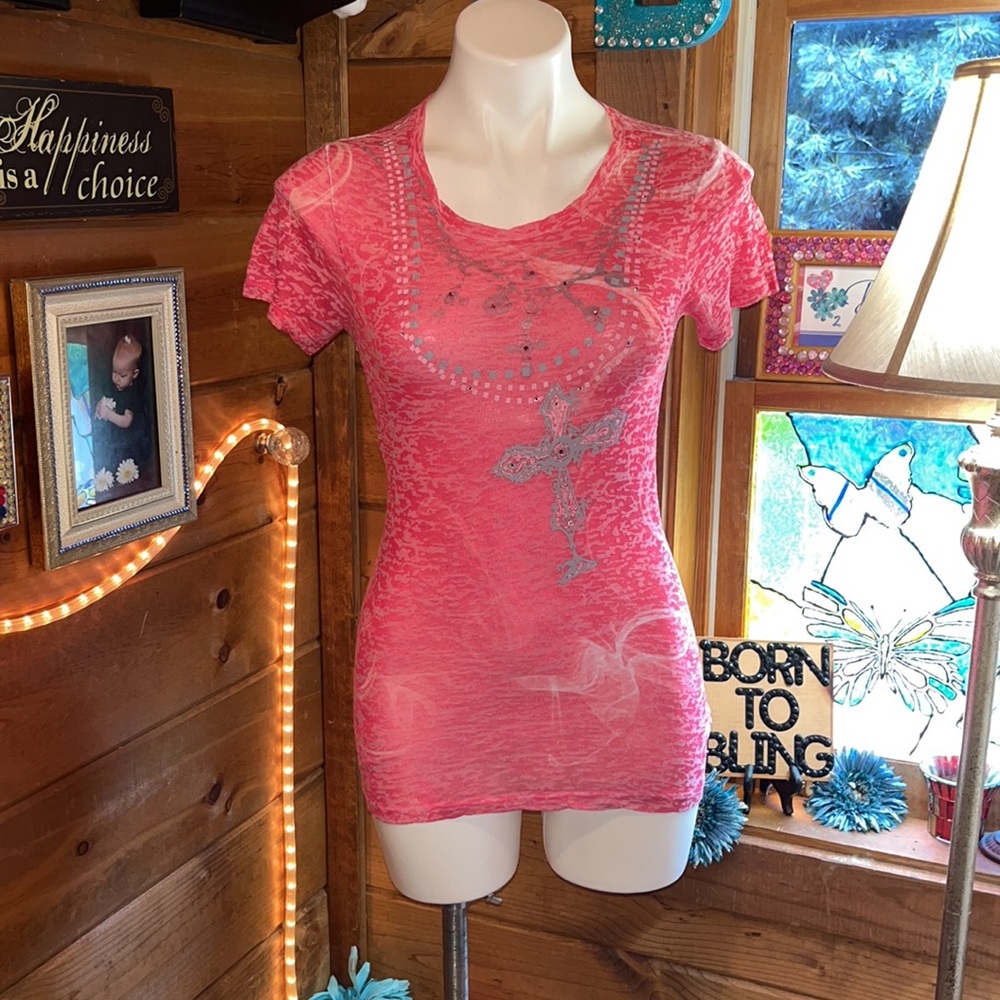 8241 Ranch Pink Sheer shirt w/ Cross detail NWOT